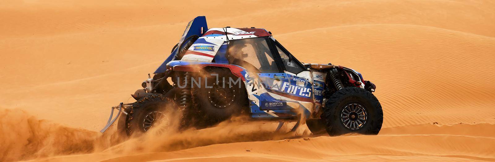 Sports car gets over the difficult part of the route during the Rally raid THE GOLD OF KAGAN-2021. 26.04.2021 Astrakhan, Russia.