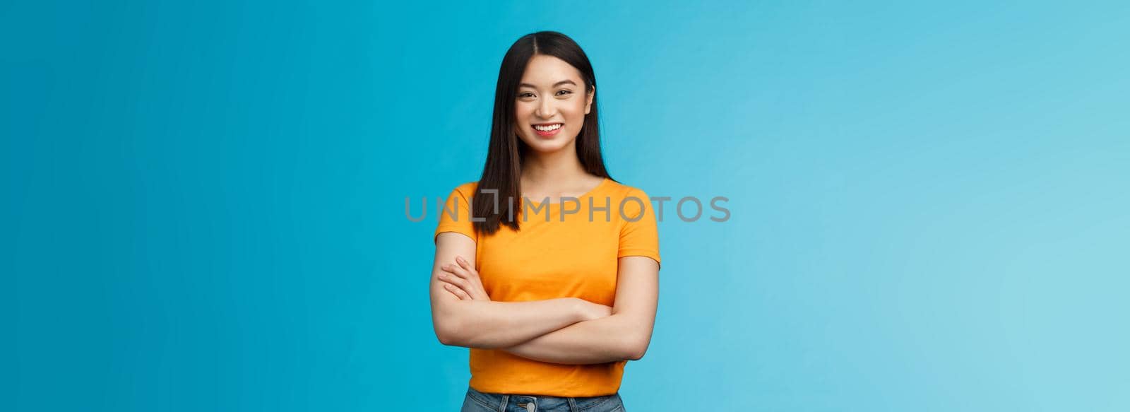 Friendly outgoing good-looking female asian coworker chatting girlfriend smiling joyfully, have pleasant relaxing conversation, cross hands chest, discuss summer vacation plans, grinning happily by Benzoix