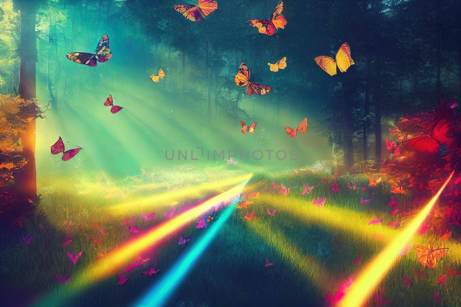 Fantasy forest with colorful butterflies flying among the rays by 2ragon