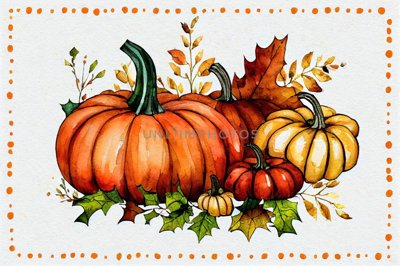 Floral pumpkin autumn arrangement. Watercolor illustration. Hand drawn rustic festive decor with pumpkins, flower, autumn leaves, berries. Thanksgiving harvest element. On white background
