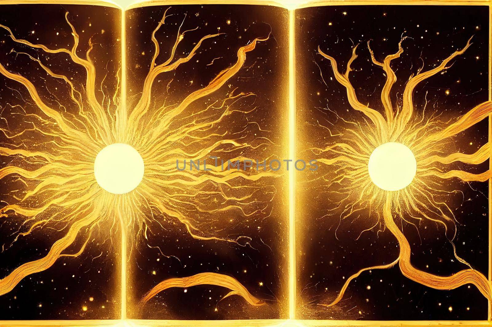 Imagine a picture book of an ancient book opened on a wooden table with a sparkling golden background. With magical power, magic, lightning around a glowing glowing book In the room of darkness