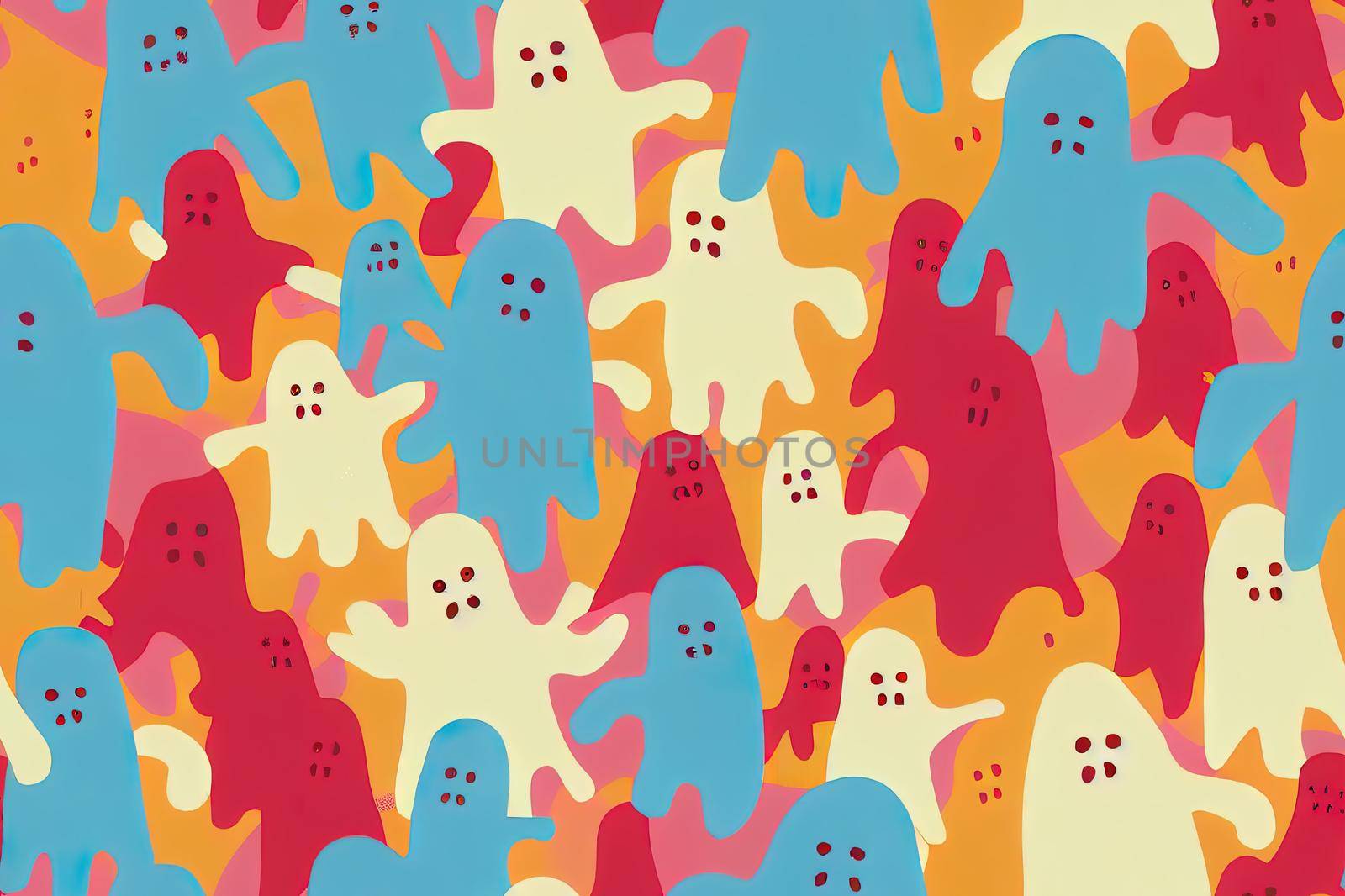 Seamless childish pattern with cute ghosts, spiders and rainbows by 2ragon