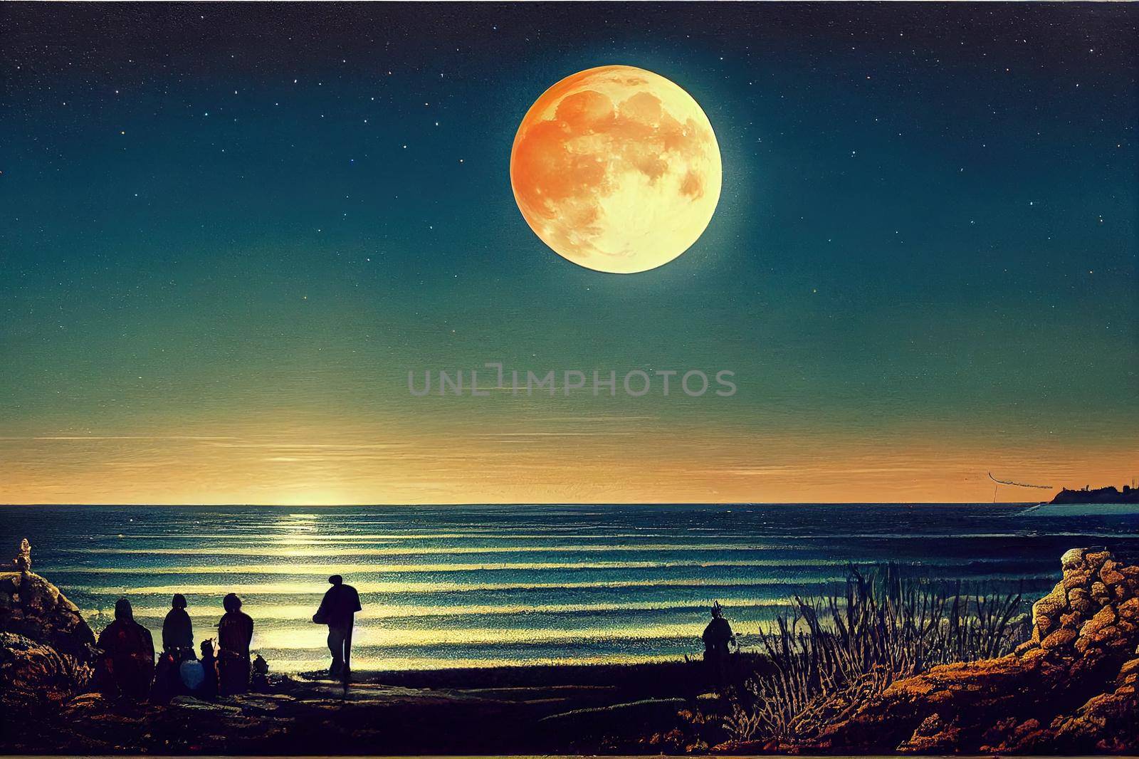 romantic and scenic panorama with full moon on sea by 2ragon