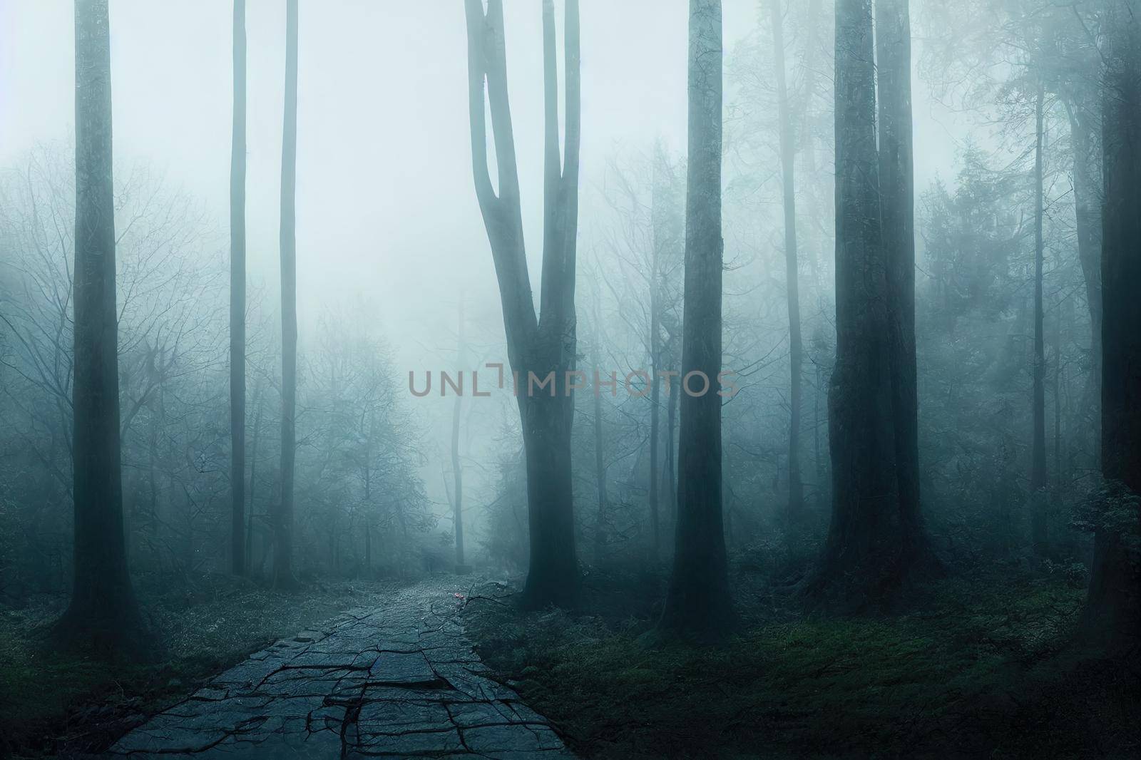 into the deep woods, atmospheric landscape with archway and ancient trees, misty and foggy mood