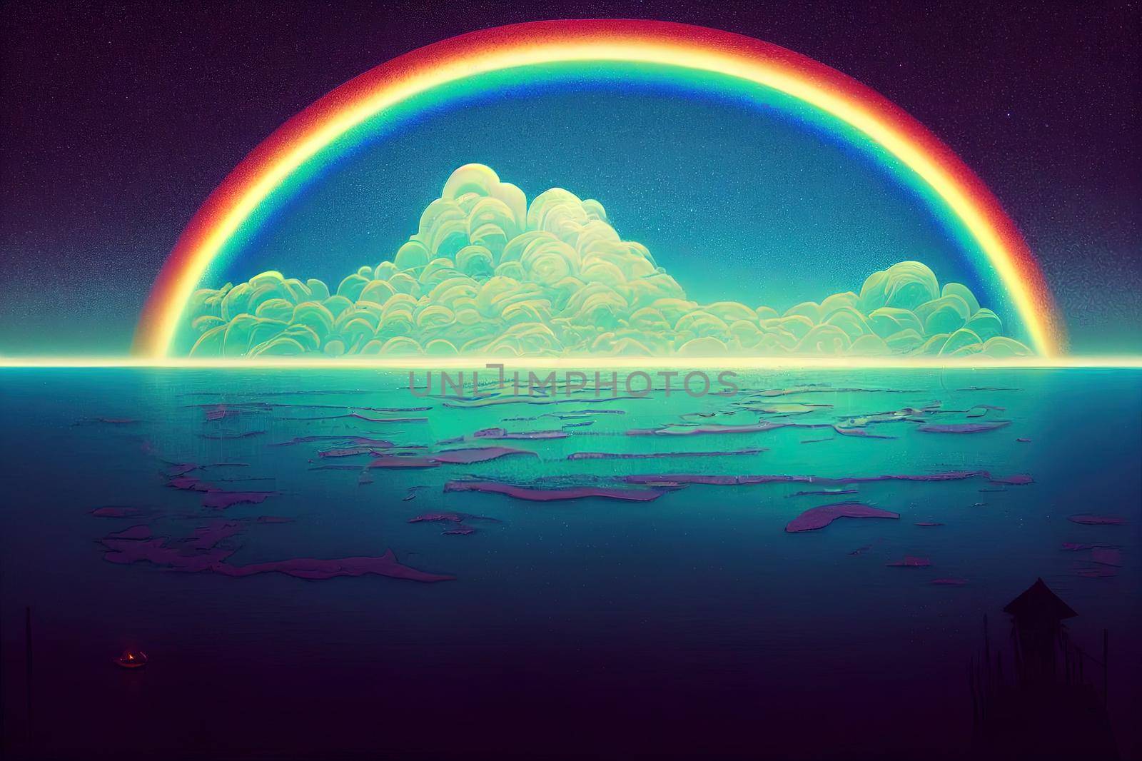 Night fantasy landscape with abstract island, rainbow on the water, wooden house, flashlight, gravity. Multi colored smoke, smog. Reflection of neon light. Night view of the seascape. 3D