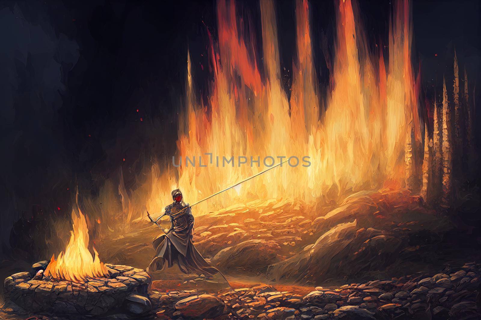 knight with the magic sword sitting on the fire, digital art style, illustration painting
