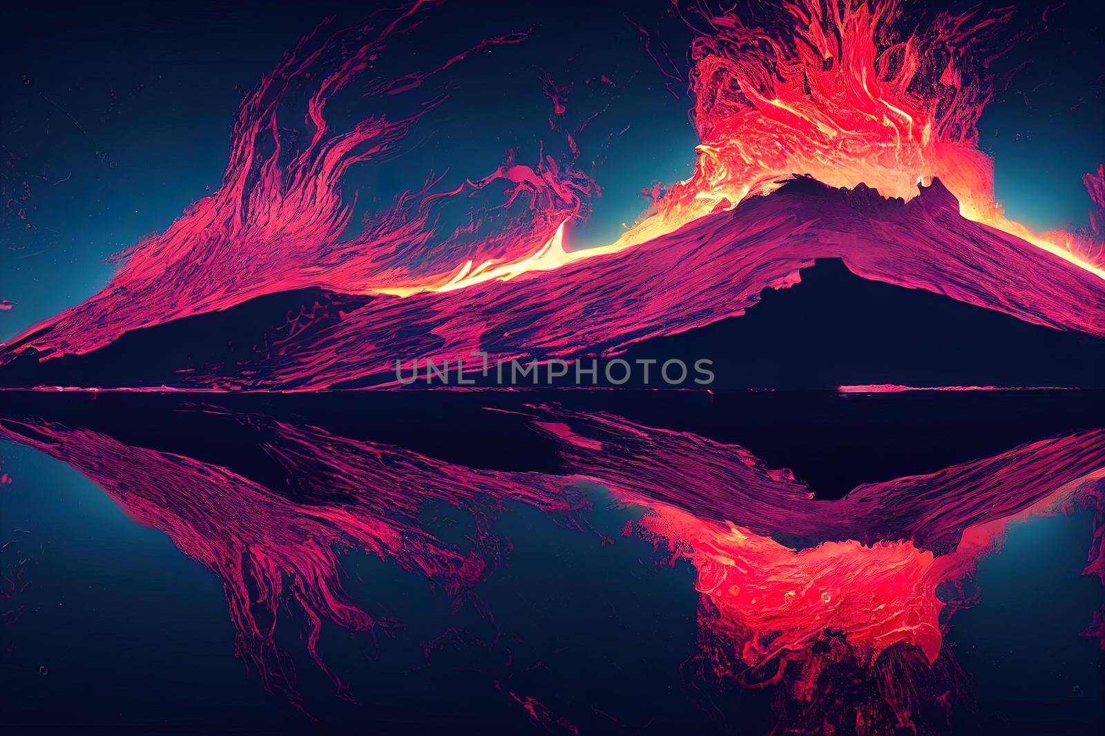 Night fantasy landscape with abstract mountains and island on the water, explosive volcano with burning lava, neon light. Dark Futuristic natural scene with reflection of light in the water. 3D