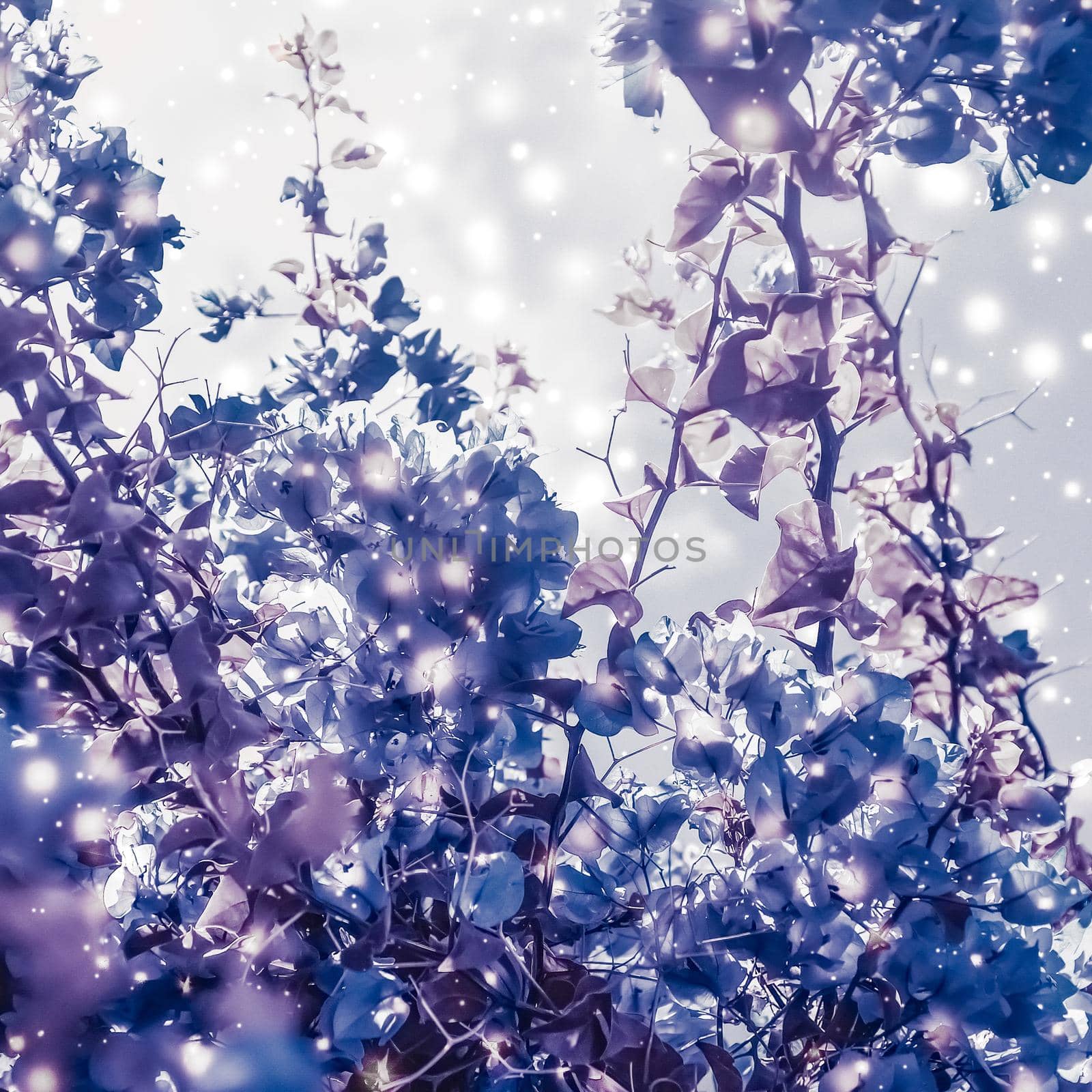 Magical, branding and festive concept - Christmas, New Years purple floral nature background, holiday card design, flower tree and snow glitter as winter season sale backdrop for luxury beauty brand