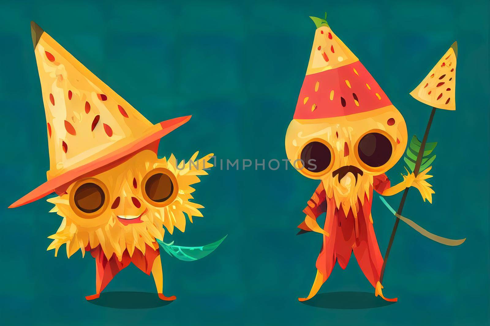 Cartoon mango fruit wizard or magician character. Funny magic personage in hat with wooden staff. Smiling wiz or sorcerer with cute face, tropical fruit enchanter, isolated necromancer