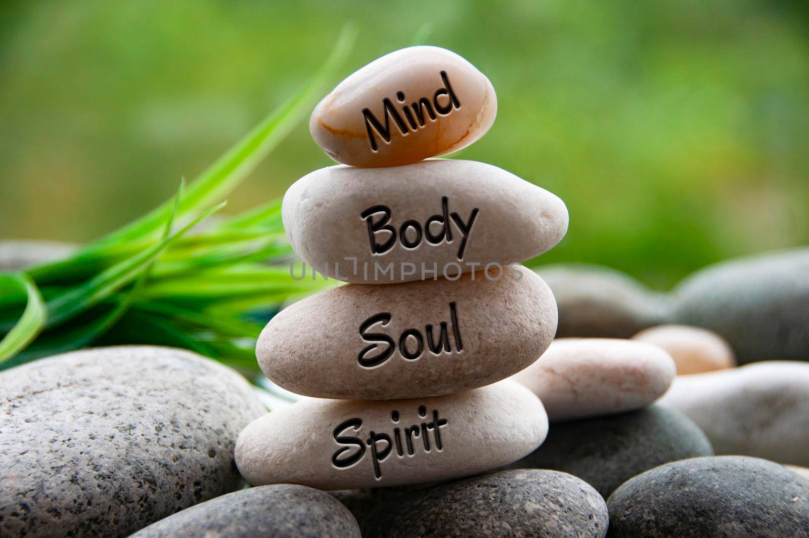 Mind, Body, Soul and Spirit words engraved on zen stones with blurred nature background. Copy space and zen concept by yom98