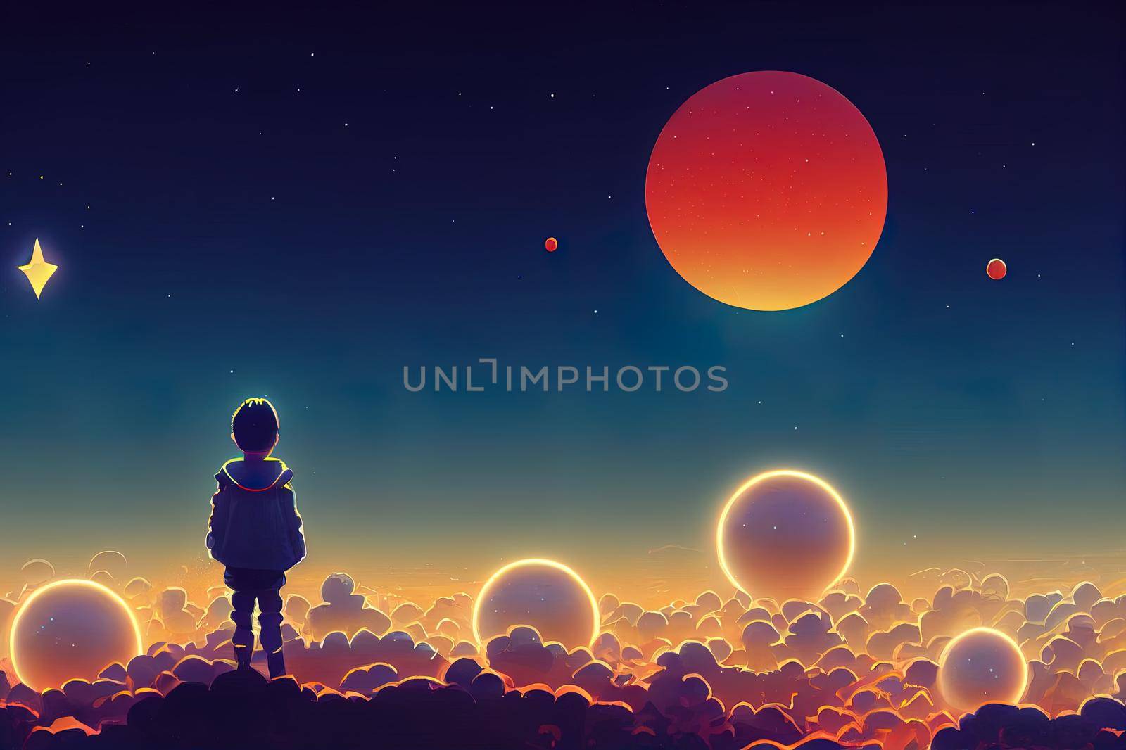 beautiful scenery showing the young boy standing among glowing planets and holding the star up in the night sky, digital art style, illustration painting