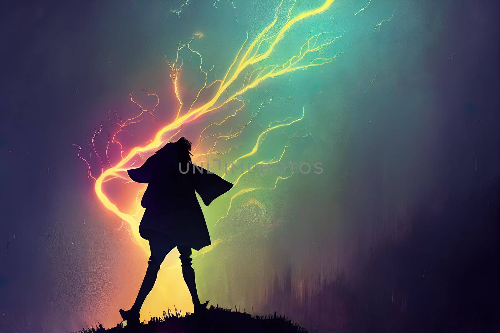 The silhouette of a fantasy hero with a long cloak fluttering in the wind, he confidently goes forward raising his fist up, which is hit by bright lightning, torrential rain pours on him 2d art