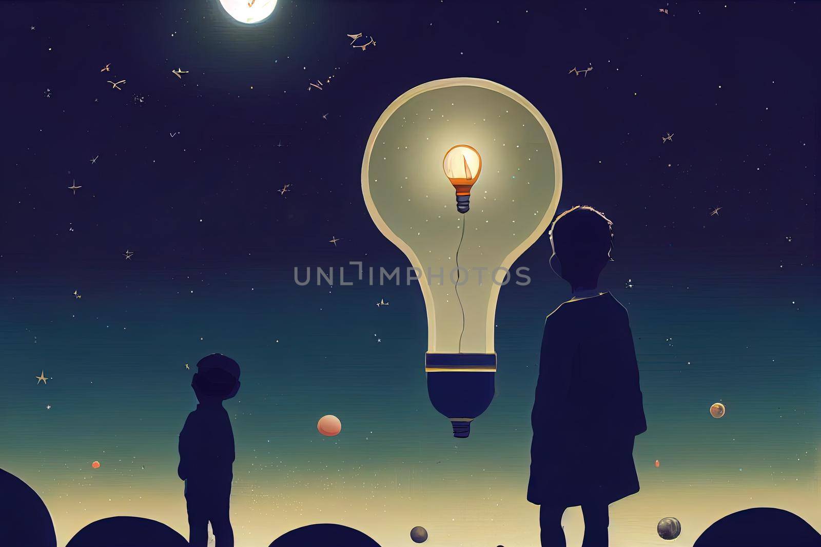 boy pulled the big bulb half buried in the ground against night sky with stars and space dust, digital art style, illustration painting
