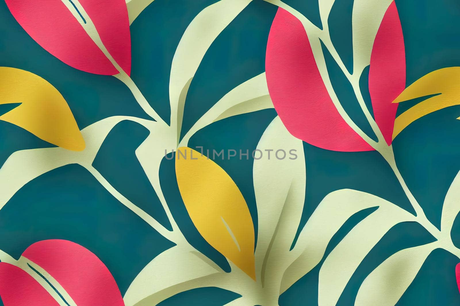 Seamless pattern of a tropical artwork, with multicolored hand drawn elements and funny background. Monstera pattern perfect for fashion and decoration