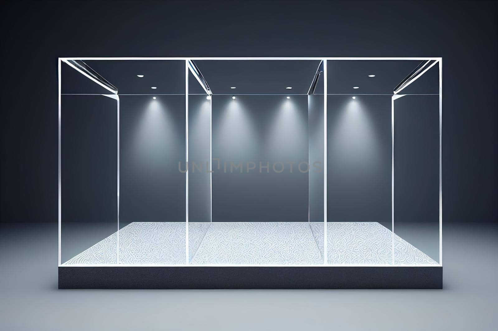 Empty glass exhibition stand, platform, showcase for products. Podium, platform for cosmetics, advertising, business 3D, render. Autumn natural background with branches, flowers and leaves.