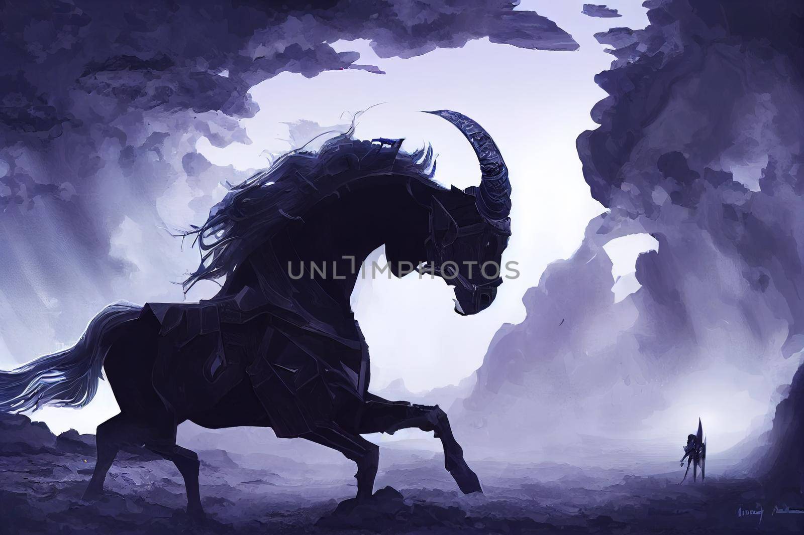 the futuristic knight on a black unicorn entering the broken portal to another world, digital art style, illustration painting
