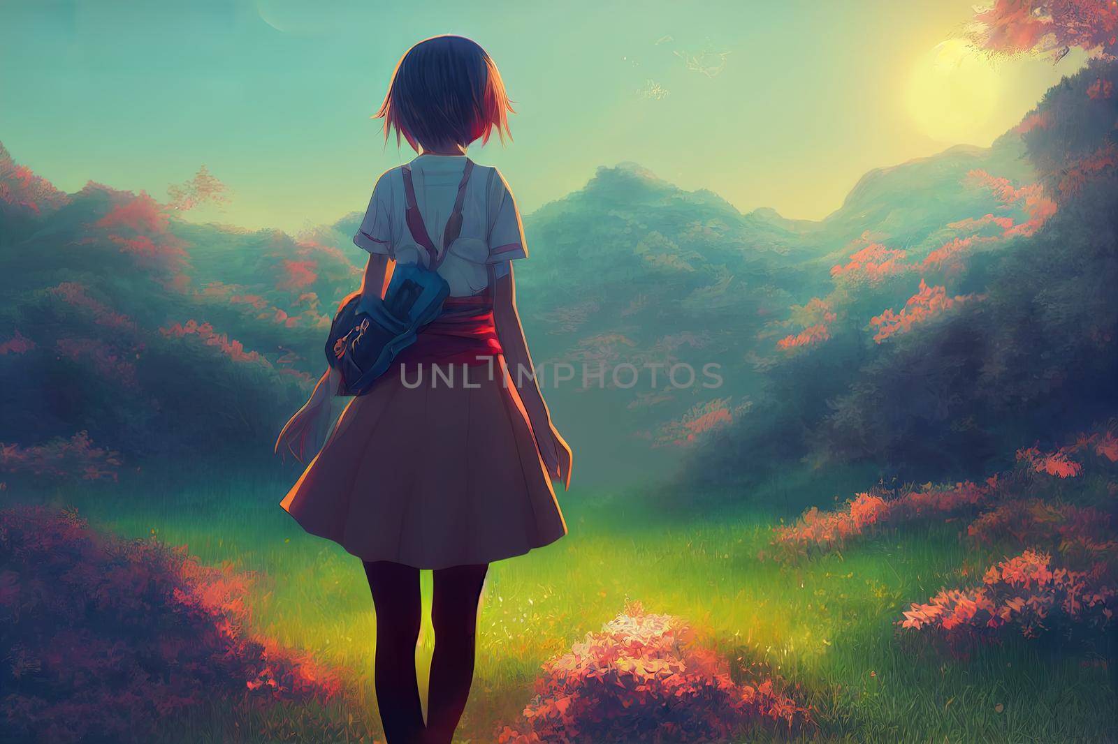 Anime girl with short hair fantasy digital art landscape 3D Illustration wallpaper 2022