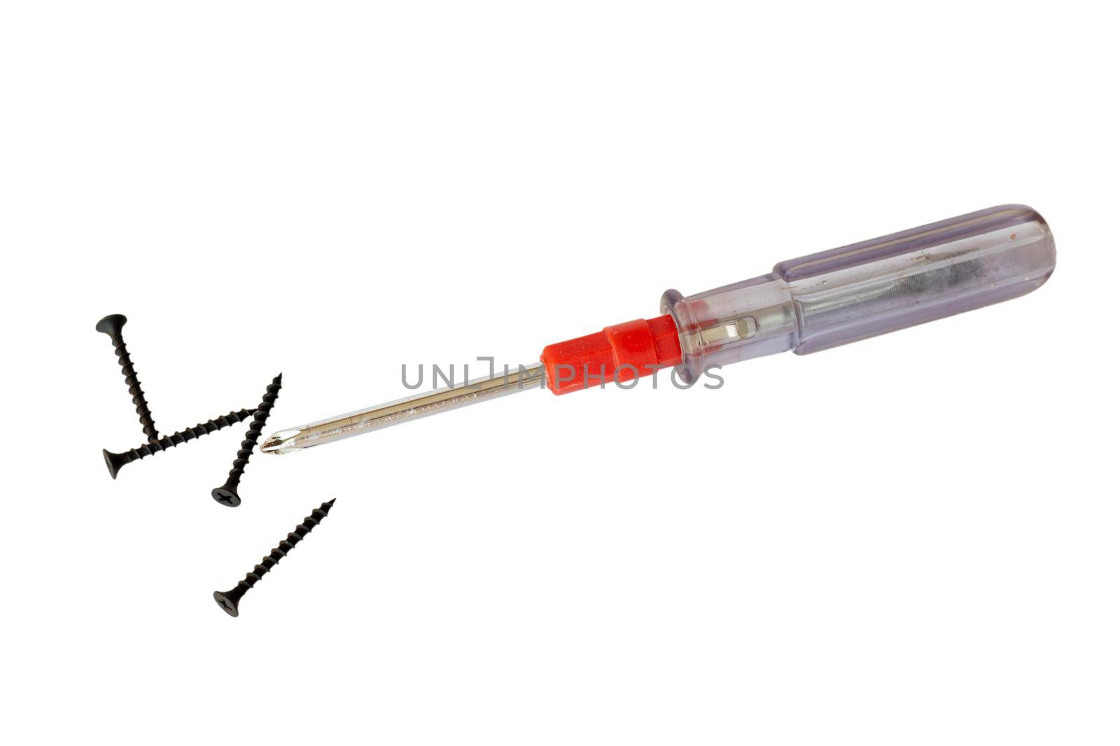 Screwdriver with black screw on white isolated background