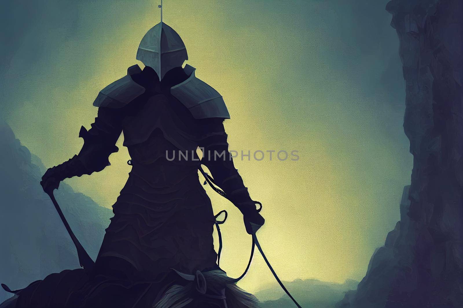 a knight with his horse standing on the dark skull cliff, digital art style, illustration painting