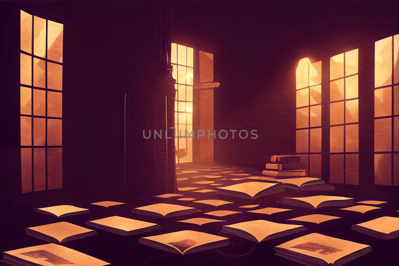 Dark chamber with magic mirrors, books and scrolls. 3D illustration.