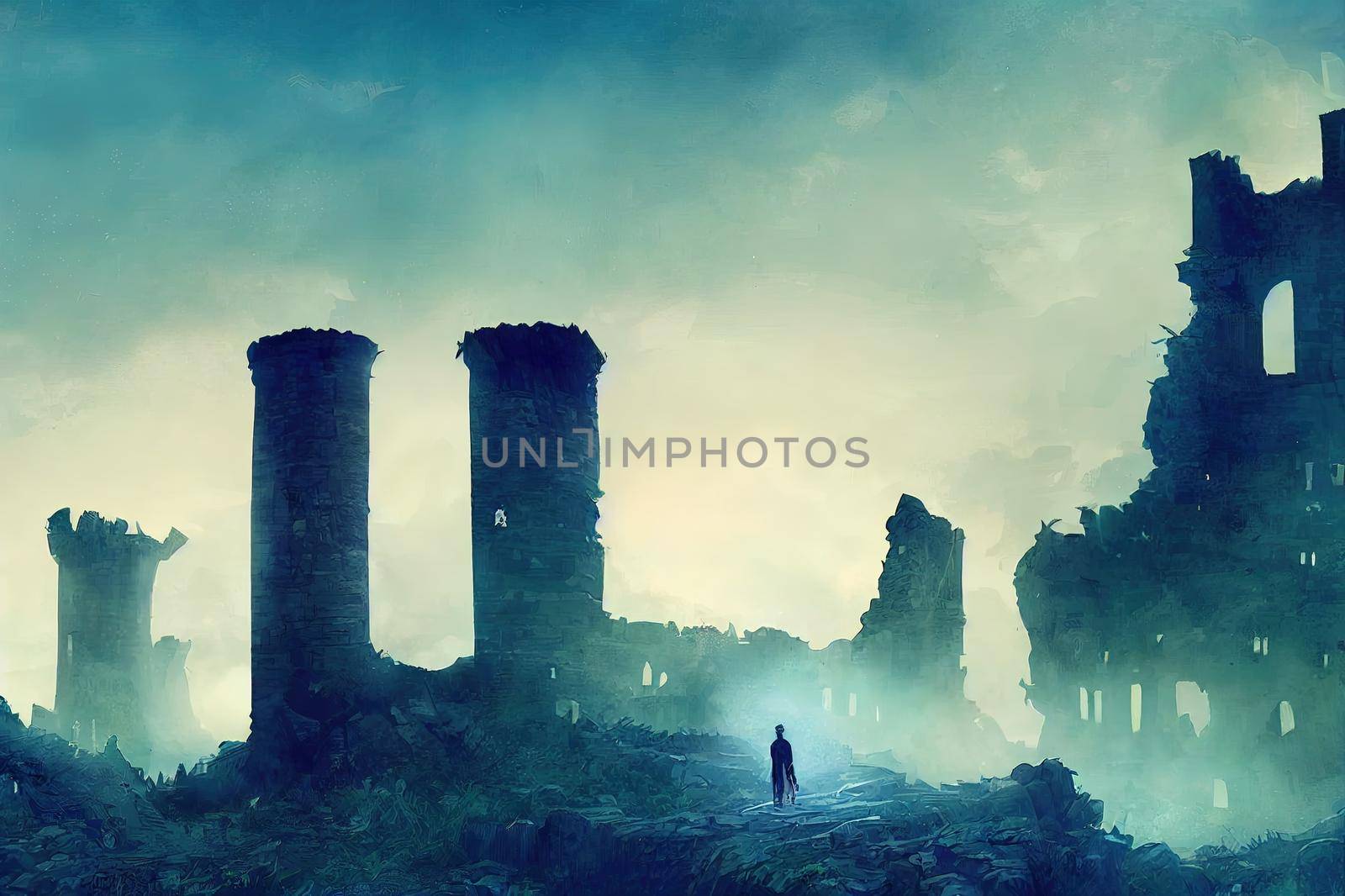 Digital painting of castle ruins with a mysterious undead ghost king floating on a destroyed throne fantasy illustration