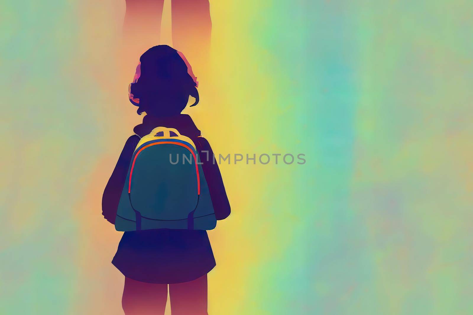 Back facing little girl with backpack looking at school building at sunny misty autumnal morning, neural network generated art. Digitally generated image. Not based on any actual scene or pattern.