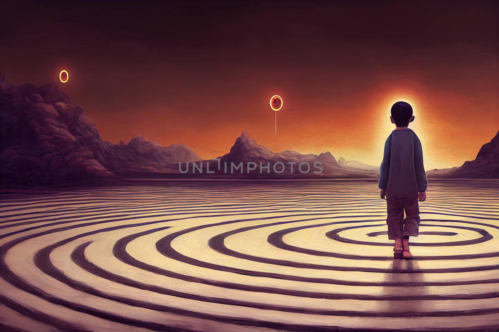 boy walking on magic circles or sacred symbols in the air with, digital art style, illustration painting