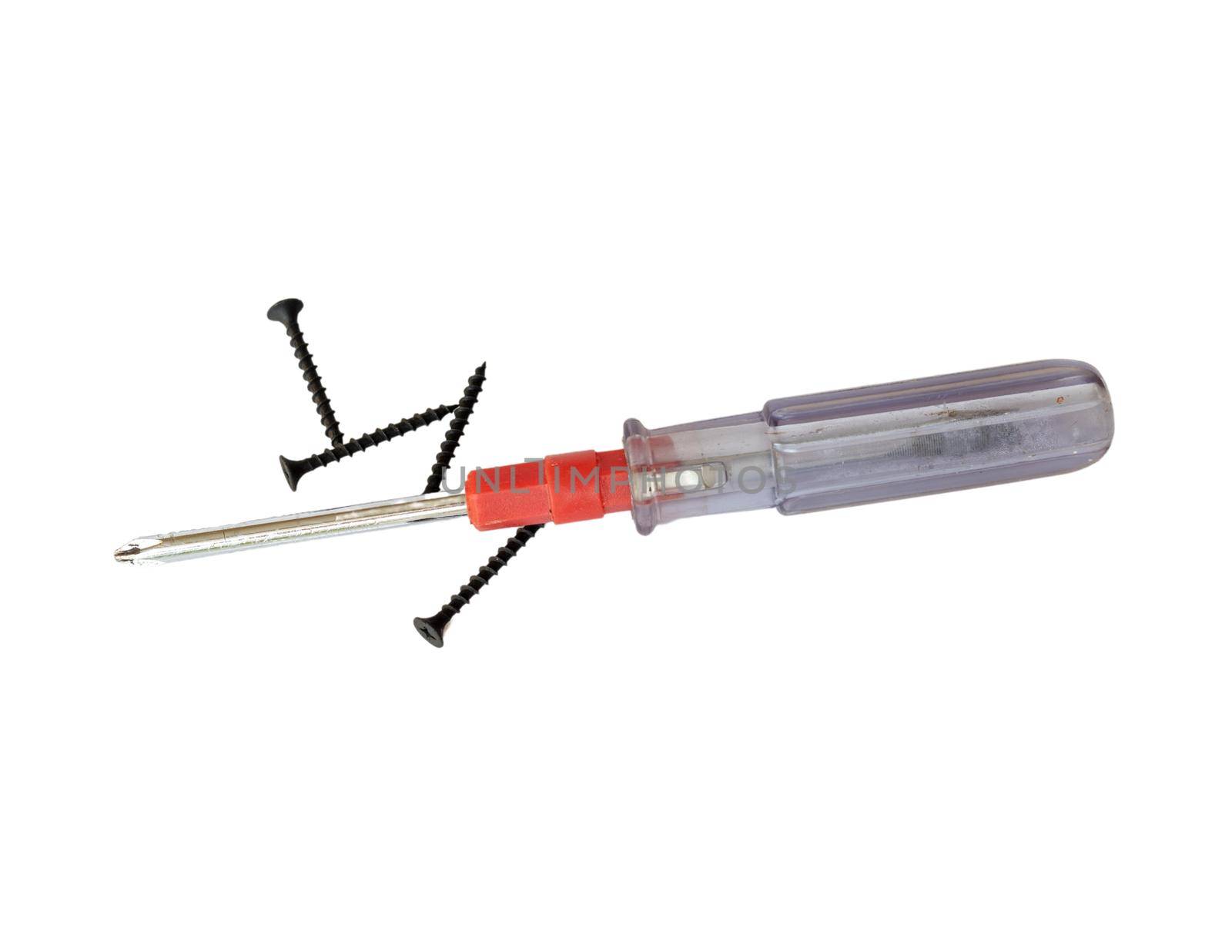 Screwdriver with screw on a white isolated background