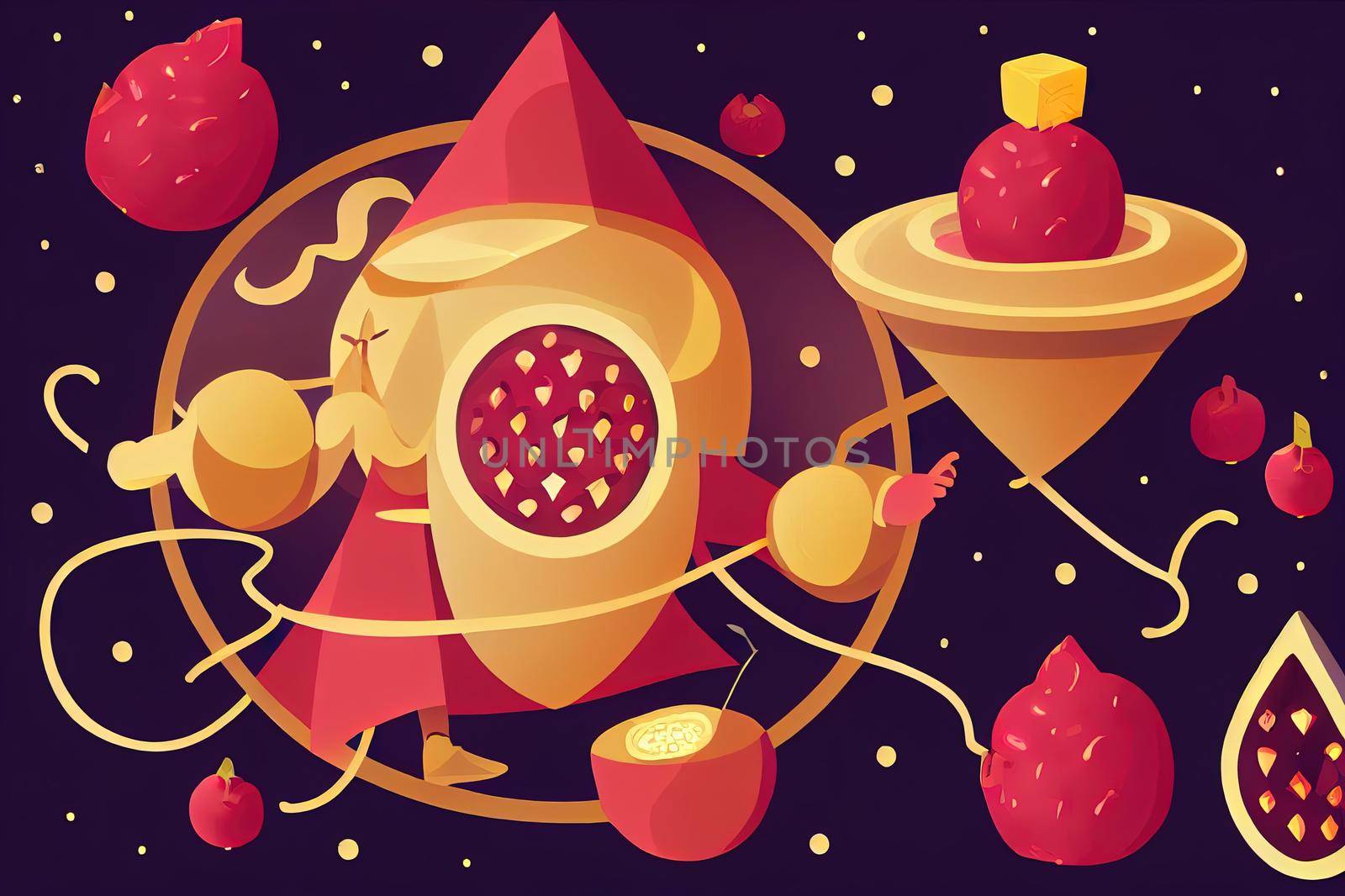 Cartoon pomegranate fruit wizard or magician character. garnet necromancer fairytale personage with glowing magic staff. Funny smiling wiz wear cape, cute sorcerer garden fruit, vitamin food