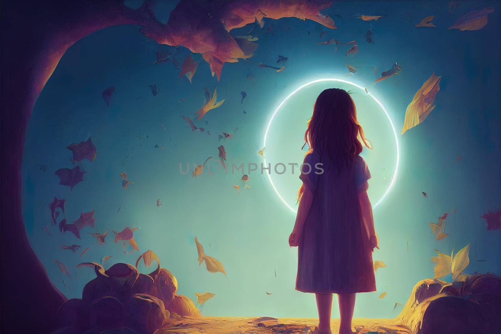 Book of Imagination and a girl. Fantasy art. Concept idea of education, kid, child dream, inspiration, creative, adventure and lerning. Conceptual 3d illustration. Surreal painting.