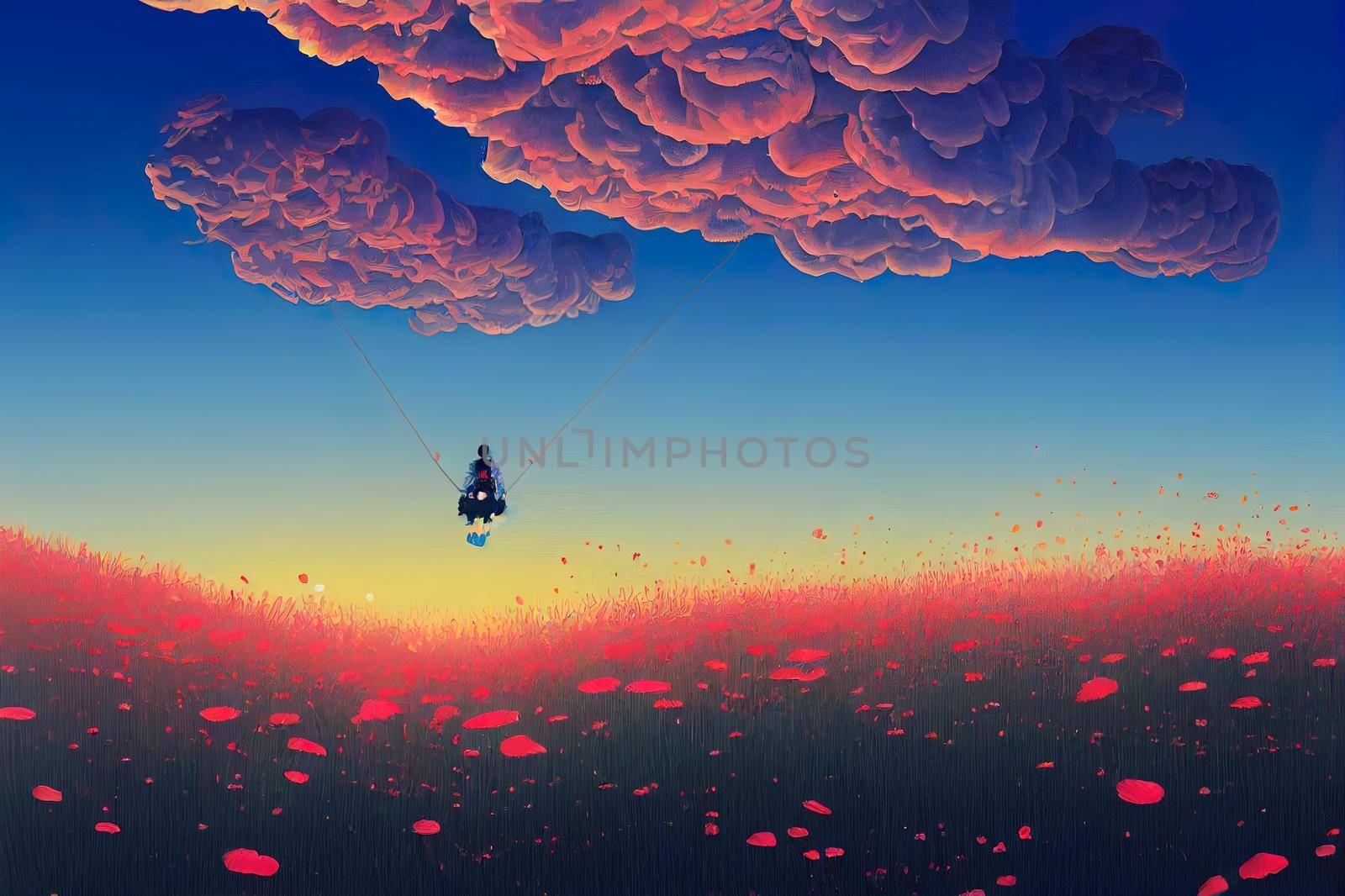 Surreal scene of a diver floating in the air over a field of flowers at dusk, digital art style, illustration painting