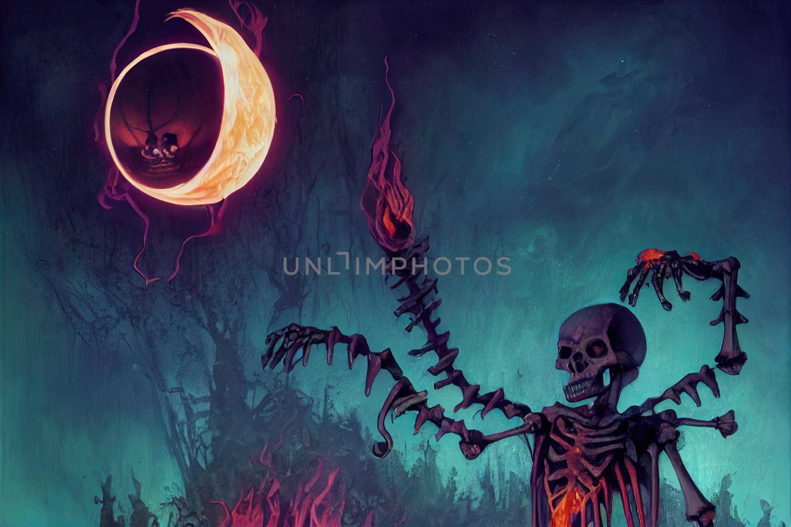 The sinister skeleton lich forms a sphere of fire in his hands, his eyes glowing with magic, he is wearing a ragged cloak and armor, and behind him, the magic towers fire a volley into the night sky.