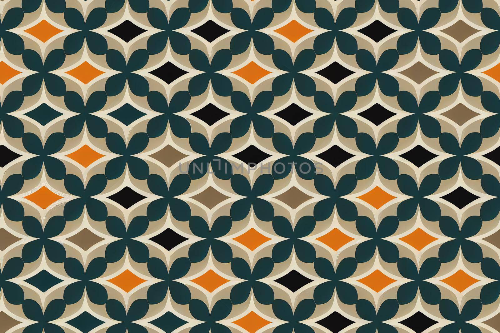 Abstract geometric mandala seamless pattern in white green blue orange. Textile printing, interior design, wallpaper.