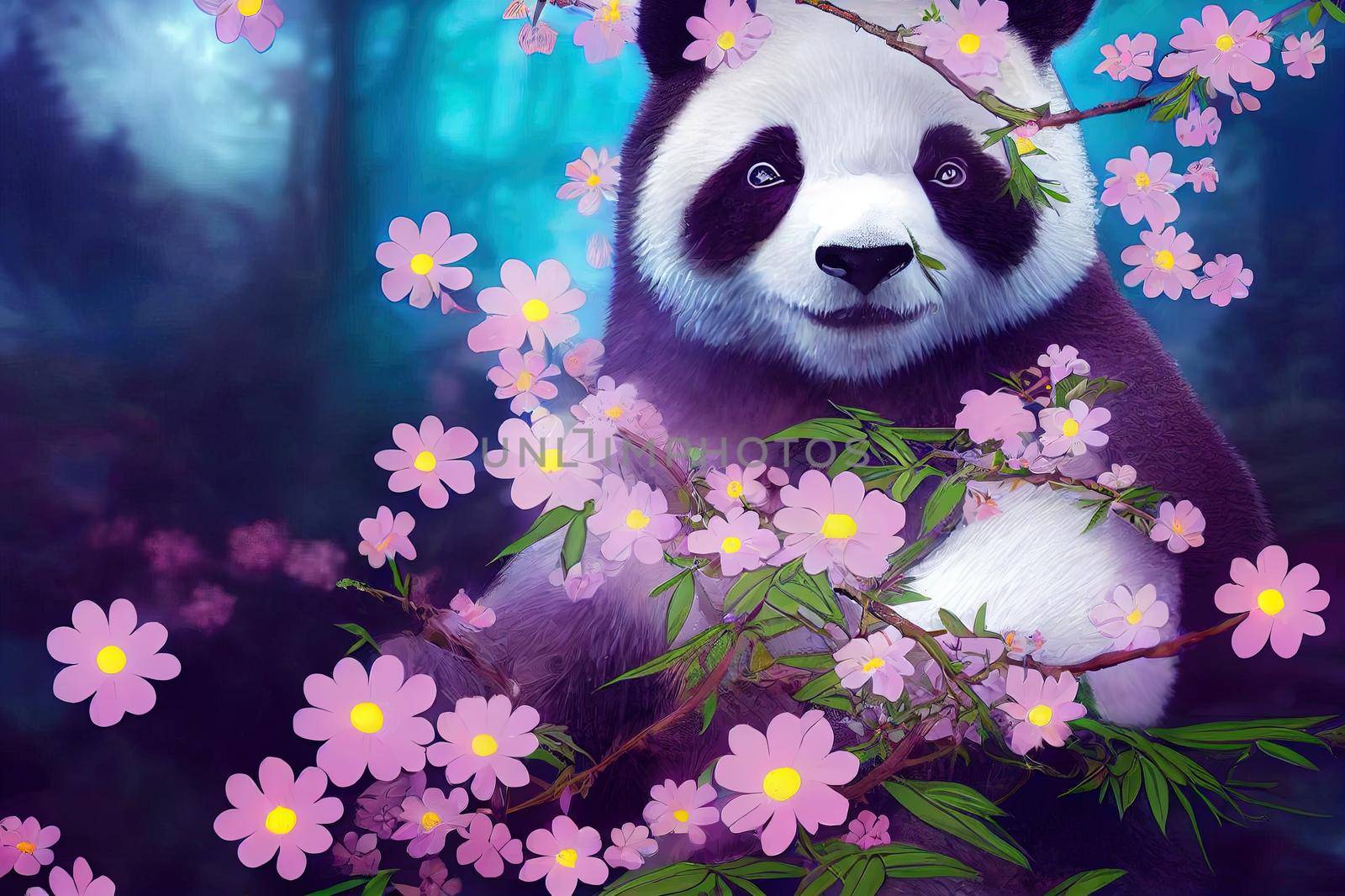 A fantasy japan panda with flowers and a beautiful magical fairy tale enchanted forest. Artistic abstract beautiful nature. Perfect for phone wallpaper or for posters.
