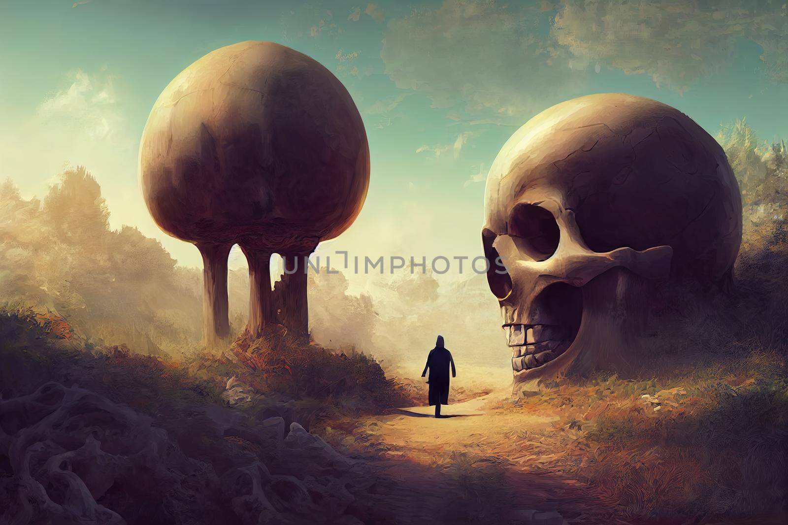 a man walks into a mysterious land with a giant skull in front of the entrance, digital art style, illustration painting