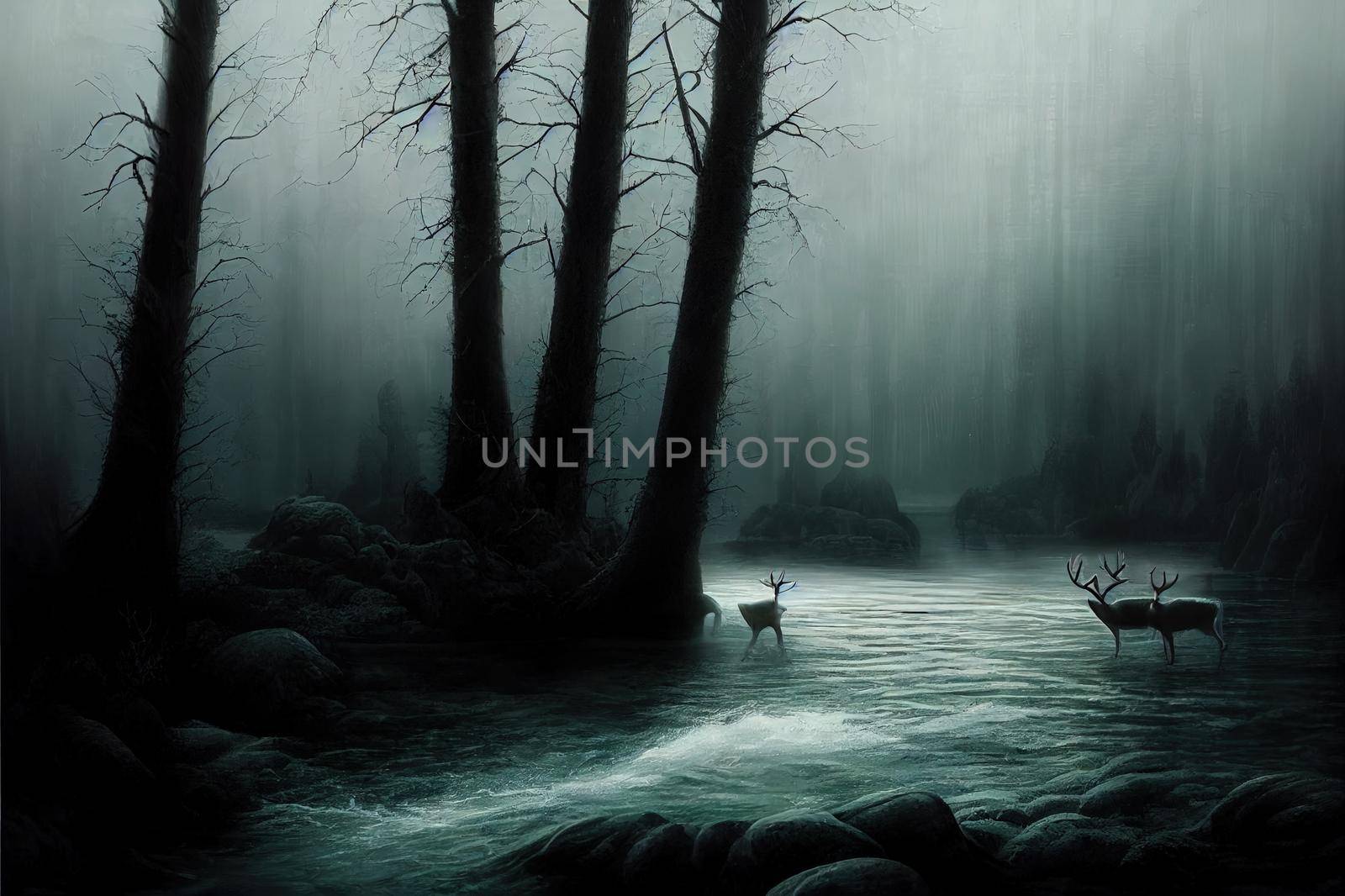 deer in the fantasy dark and moody river
