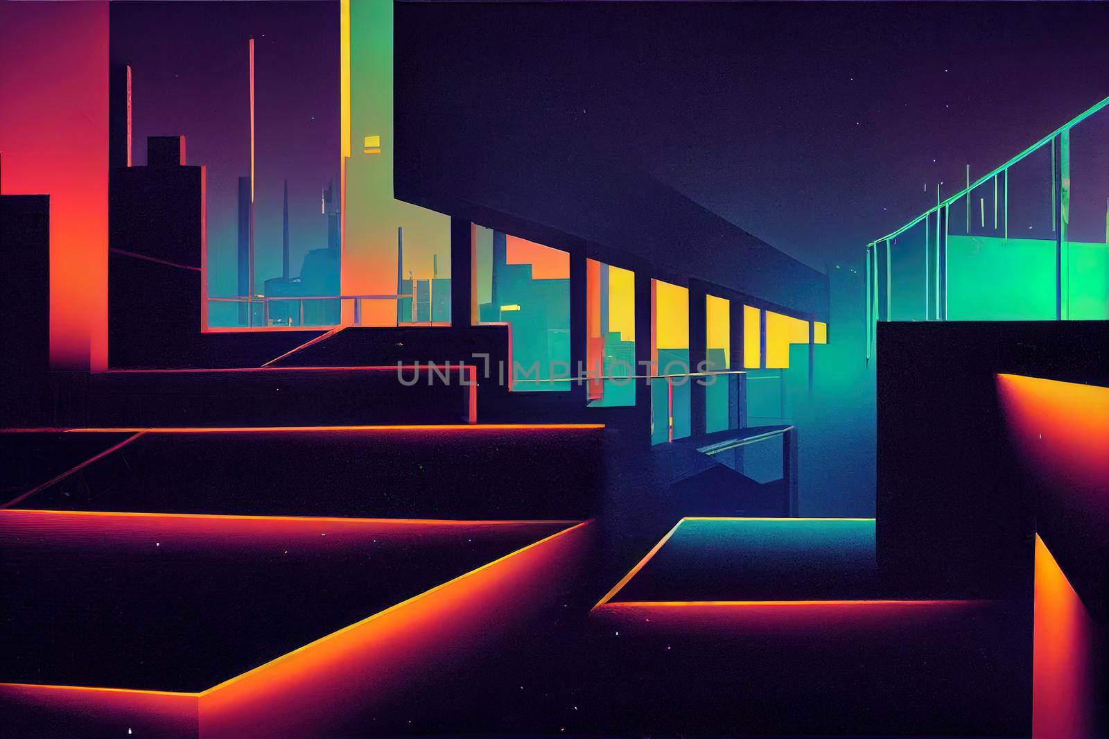 Abstraction, futuristic city of concrete and neon. Night city view, stairs up, illumination. Dark street, abstract scene, neon rays.
