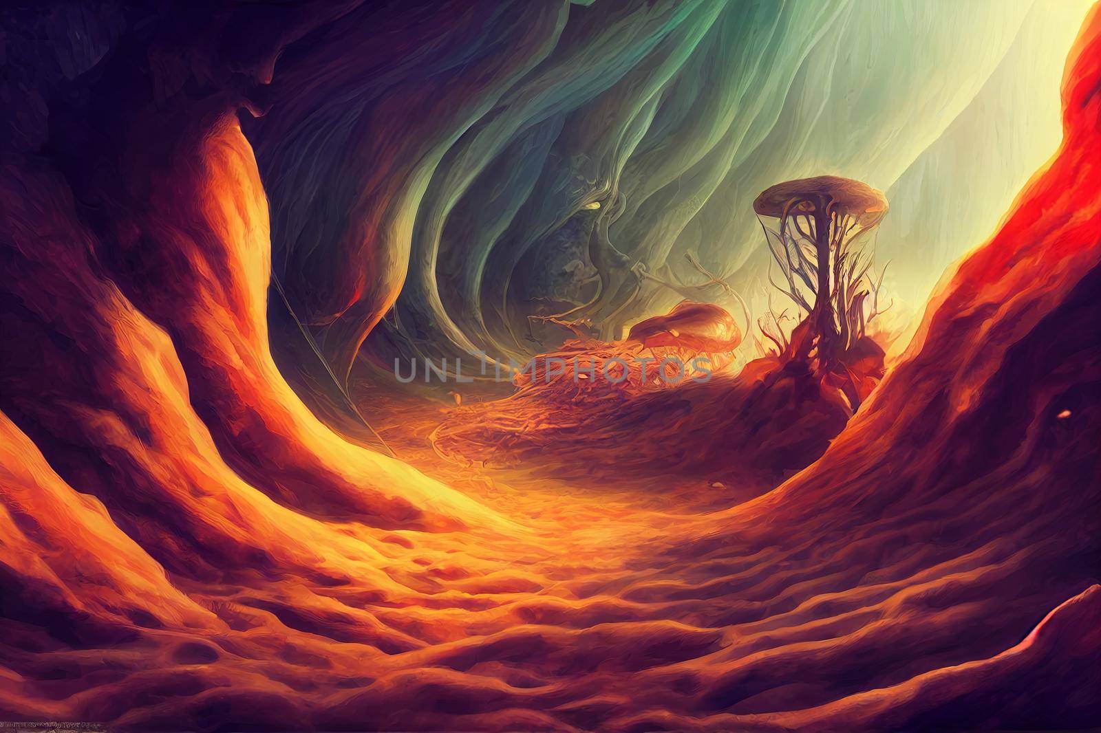 digital illustration of fantasy environment background in hell with larva