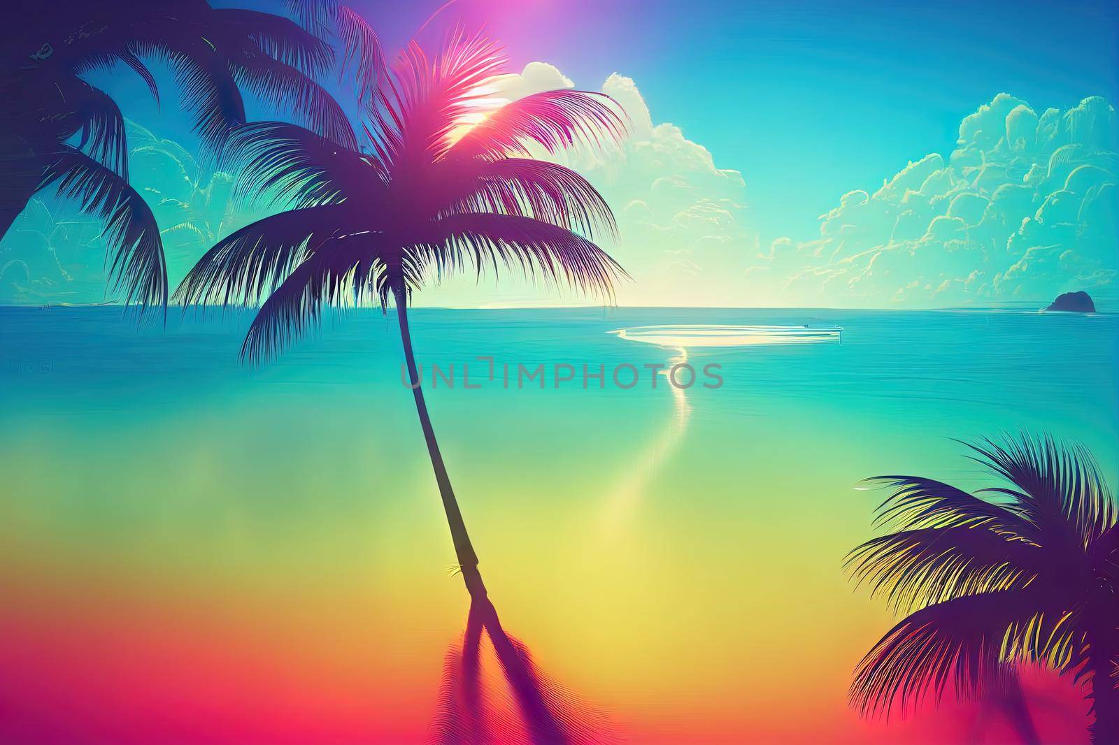 Abstract futuristic fantasy sea landscape with neon circle with center. Island with palm trees on the beach. Sunlight, daytime view. Reflection in water, clouds. 3D illustration.