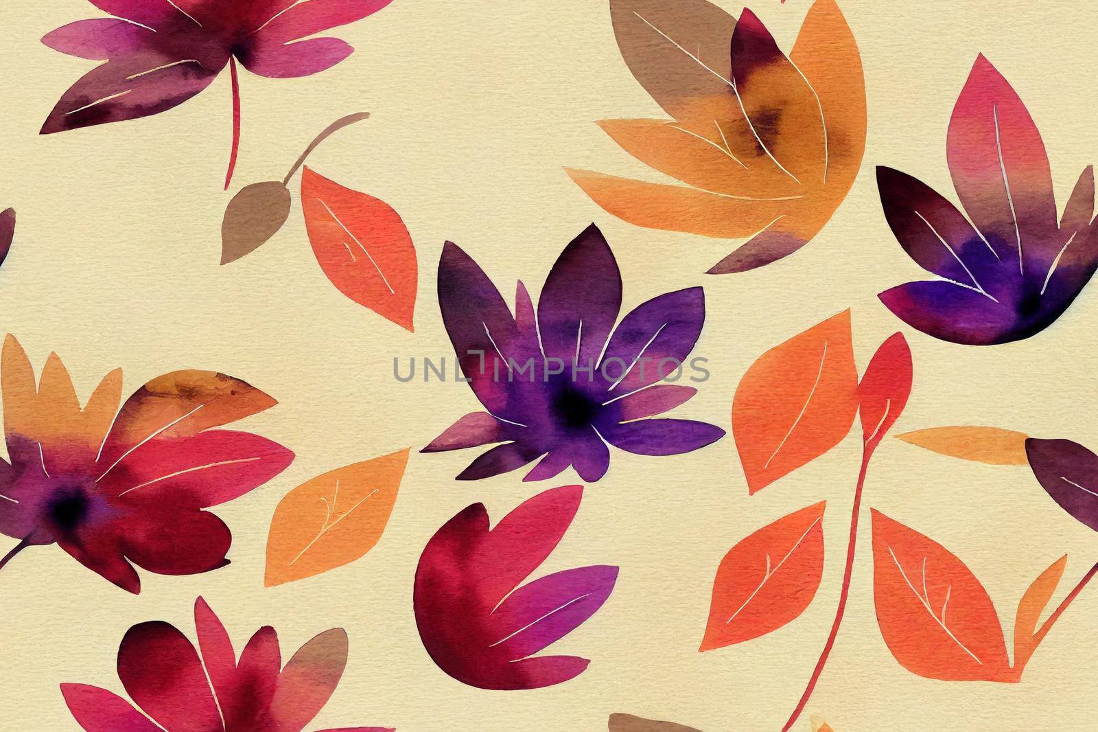 Abstract floral seamless pattern. Watercolor flowers, leaves filled with minimal doodle textures. Natural background. Hand painted autumn illustration for fabric, textile, wrapping design