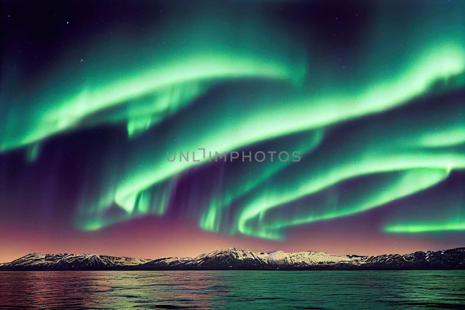 Aurora borealis Northern lights in the sky over Tromso fjords with full moon Tromso, Norway Elements of this image furnished by NASA