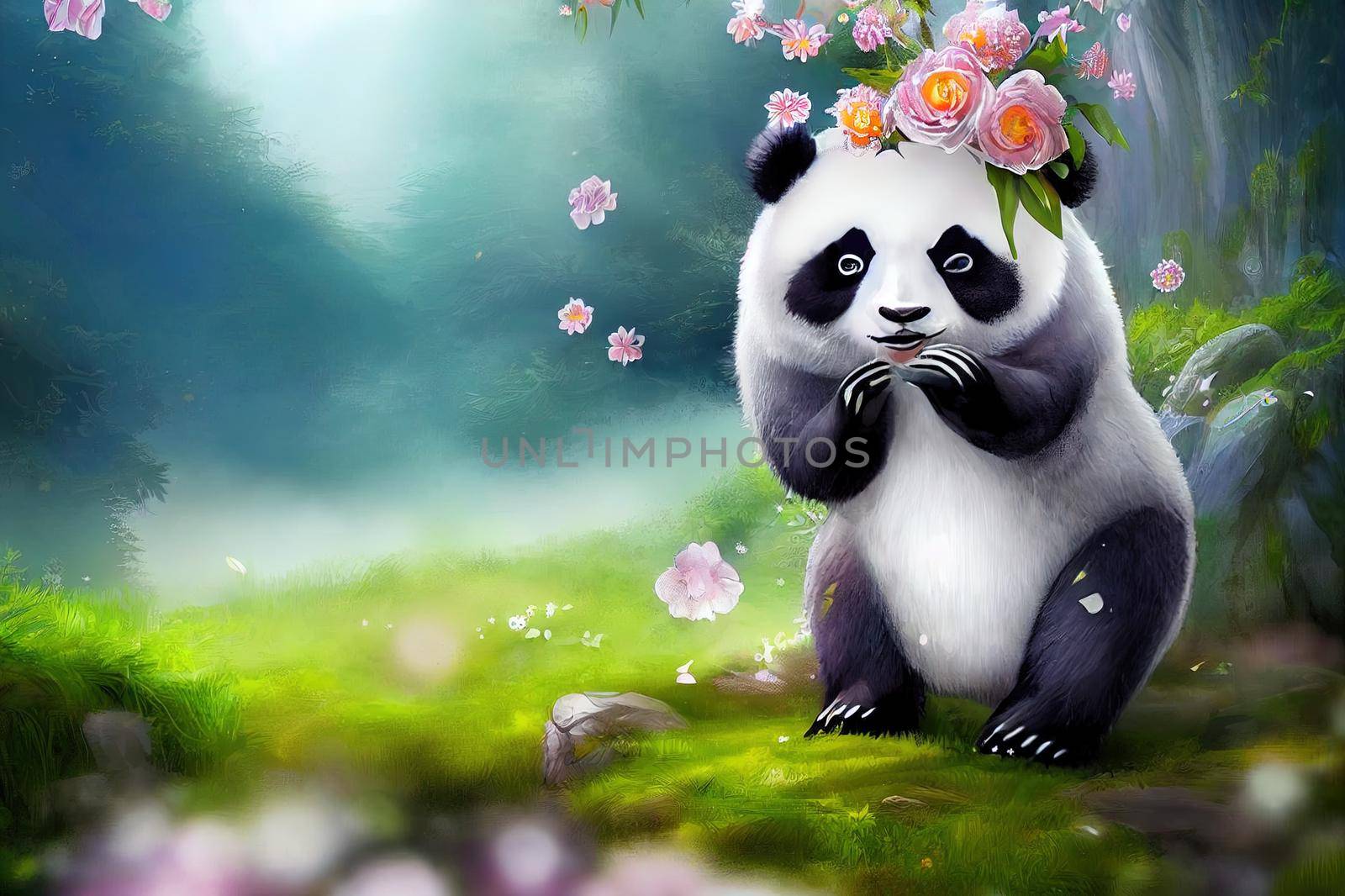 A fantasy japan panda with flowers and a beautiful magical fairy tale enchanted forest. Artistic abstract beautiful nature. Perfect for phone wallpaper or for posters.