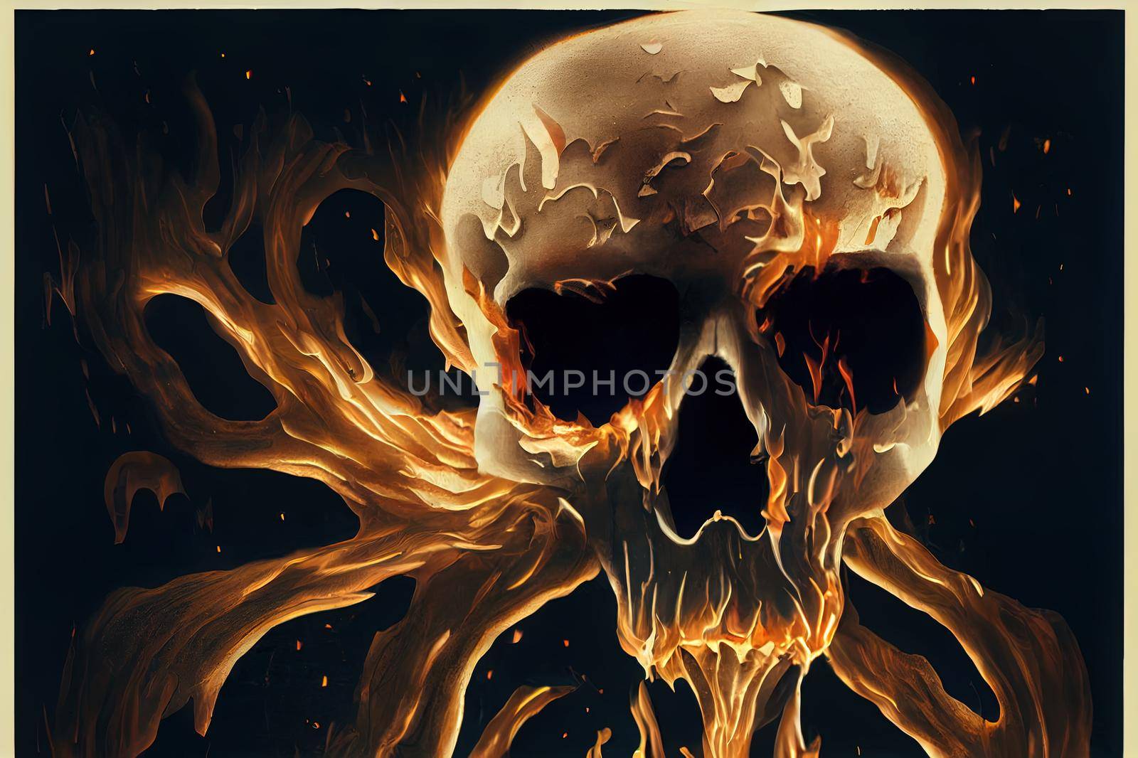 Skull burned in fire in dark Halloween night. Concept of Halloween