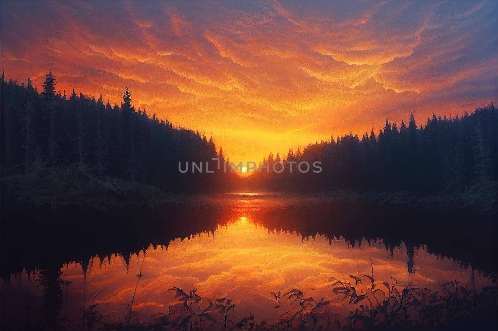 Sunset in fantasy forest painting