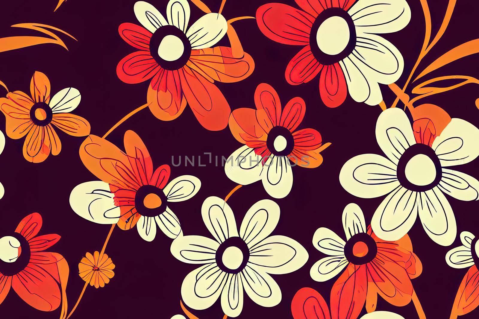 1970 Daisy Flowers, Trippy Grid, Wavy Swirl Seamless Pattern Set in Orange, Pink Colors. Hand Drawn Illustration. Seventies Style, Groovy Background, Wallpaper. Flat Design, Hippie Aesthetic.