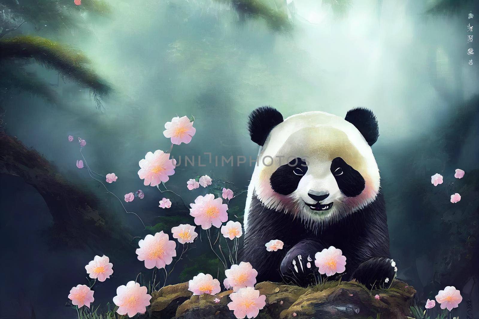A fantasy japan panda with flowers and a beautiful magical fairy tale enchanted forest. Artistic abstract beautiful nature. Perfect for phone wallpaper or for posters.