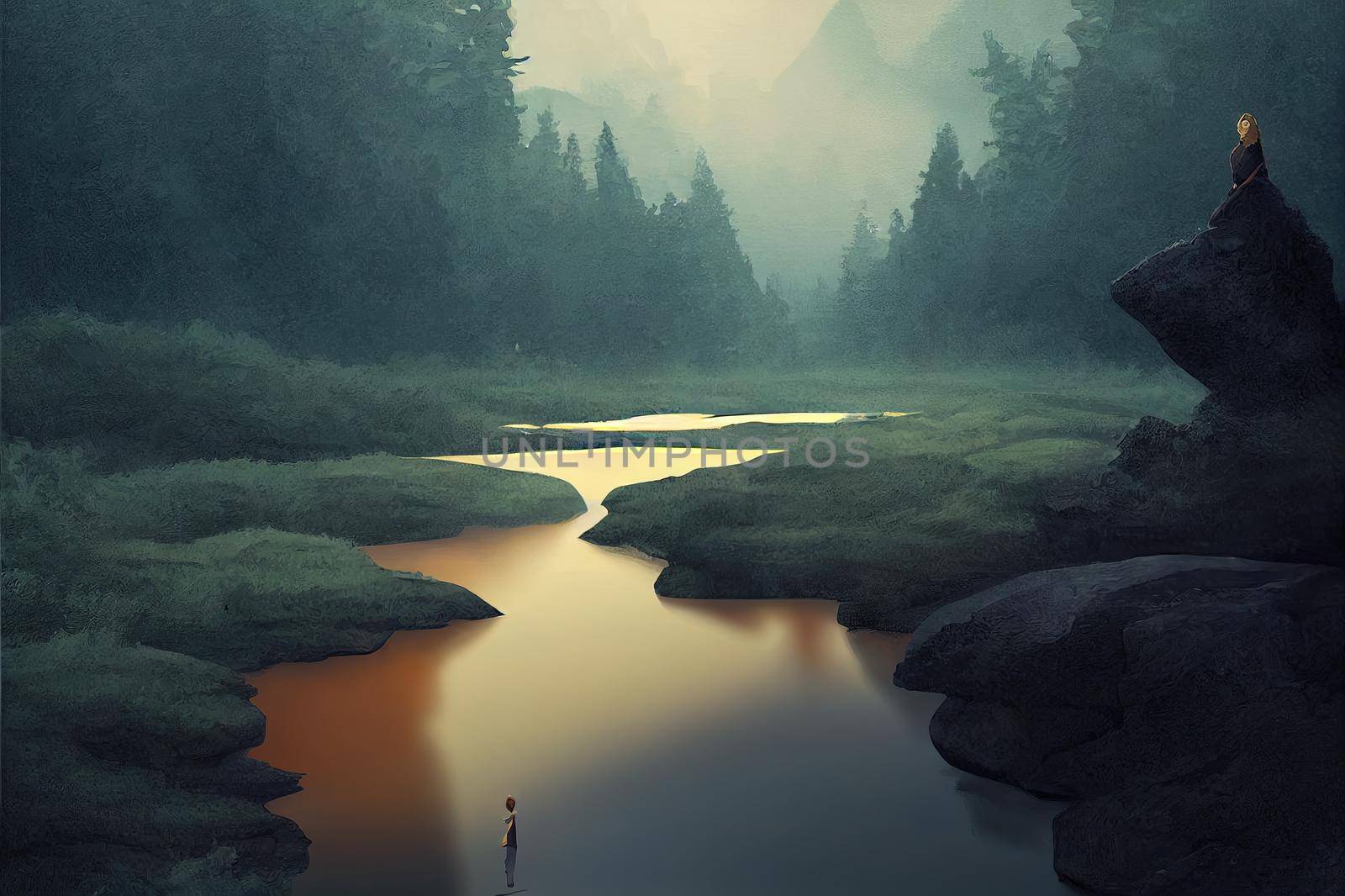 woman standing on creek looking at the mystery rock floating in midair, digital art style, illustration painting