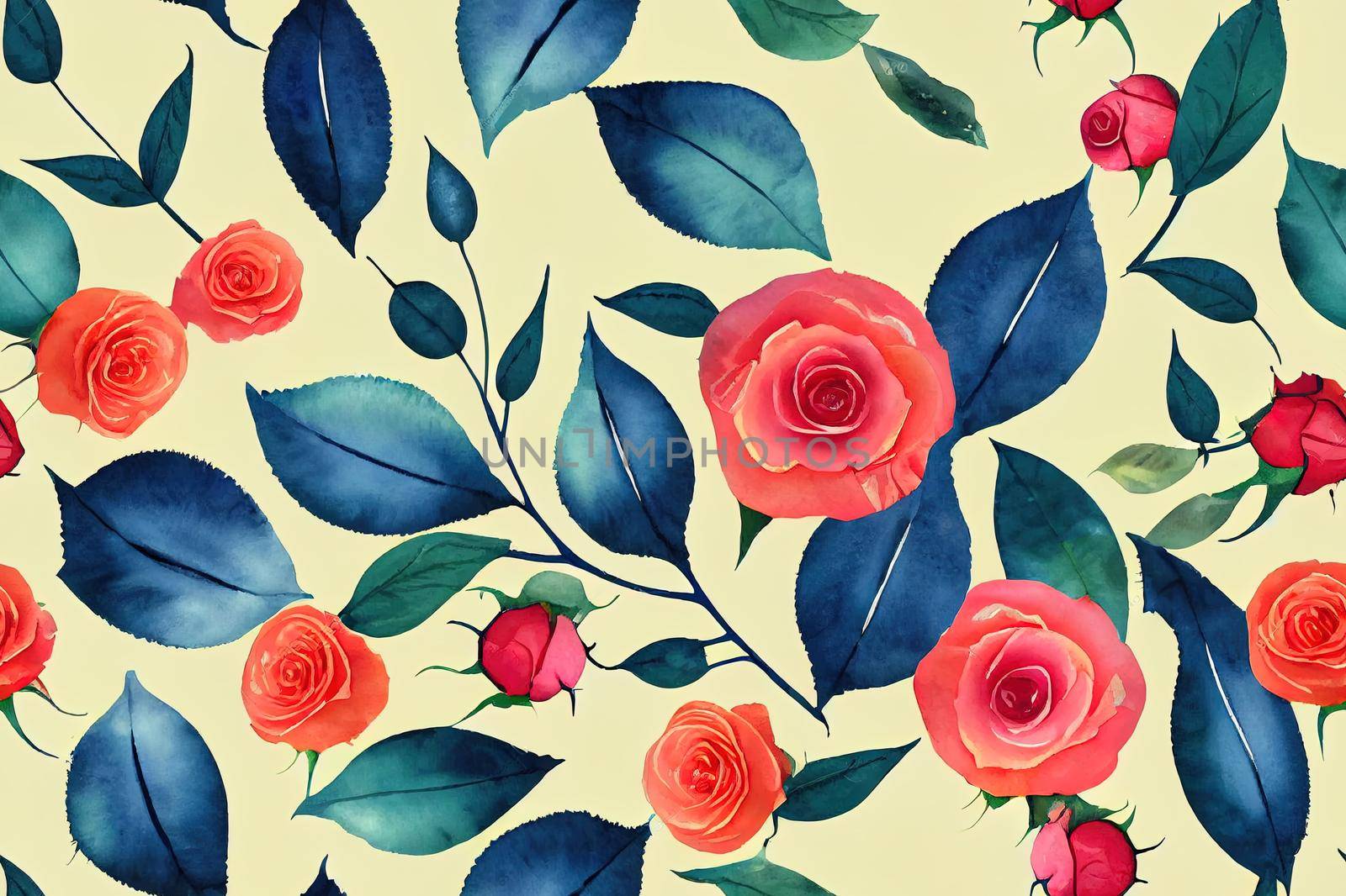 Watercolor seamless pattern with roses. Seamless watercolor background with floral elements, roses, branches, grass, herbs, leaves, foliage. Hand painted watercolor illustration on dark background.