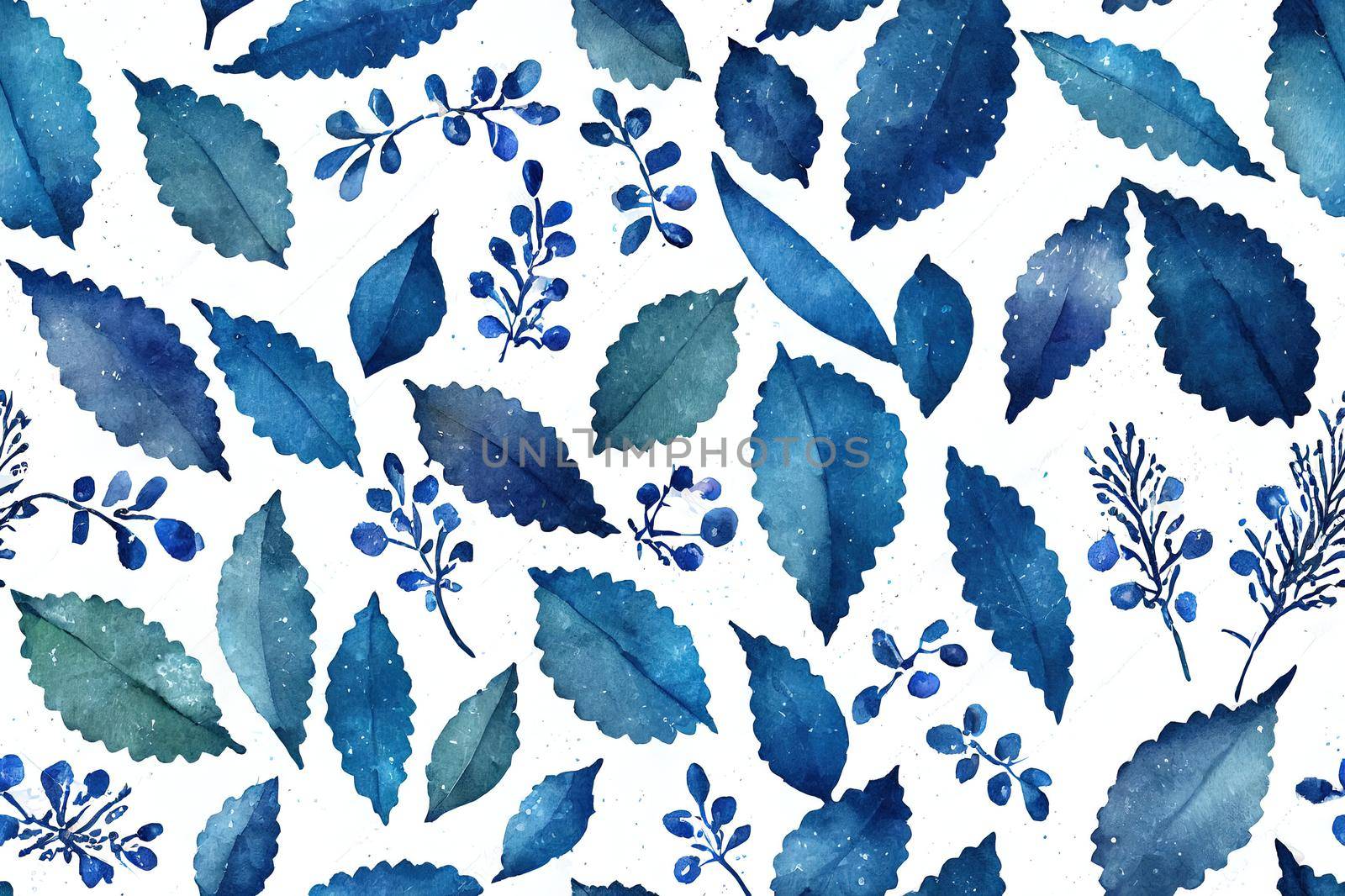 Winter Seamless Pattern of Watercolor Blue Leaves and Little by 2ragon