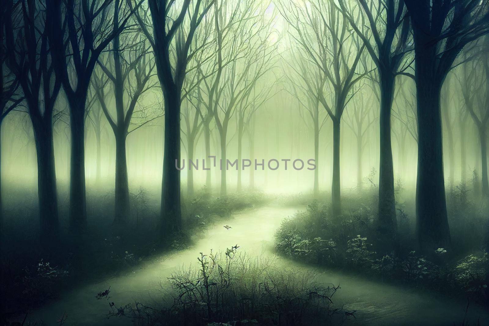 Archway in an enchanted fairy forest landscape, misty dark mood, can be used as background